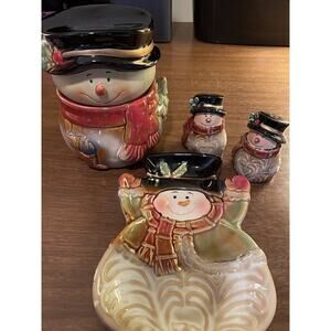Four Piece Ceramic Christmas Snowman Small Canister Jar, Candy Dish, Salt/Pepper